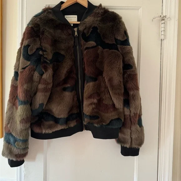 Anthropologie Marrakech Alyssa Green Camo Faux Fur Bomber Jacket - Picture 3 of 12